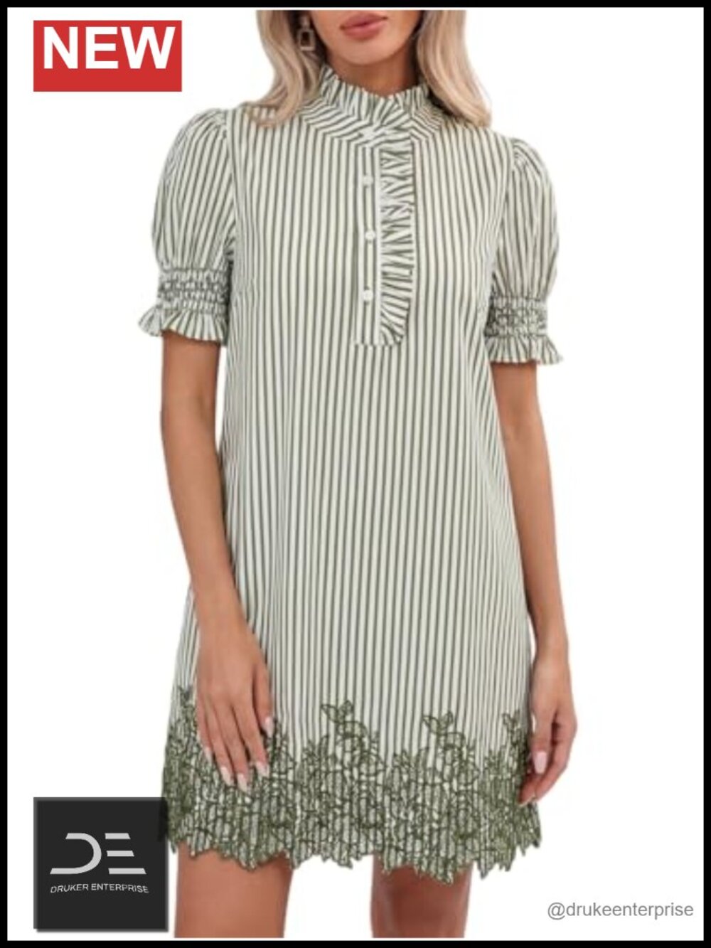 Embroidered Striped Shift Dress Ruffle Collar Puff Sleeve Button Front Pockets